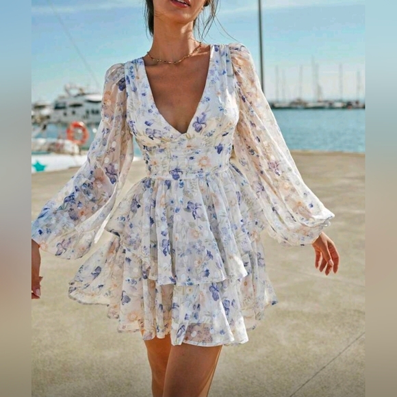 New Flowy Floral Dot Bishop Sleeve Tiered Mini Ruffle Dress White Blue Purple - Picture 5 of 10